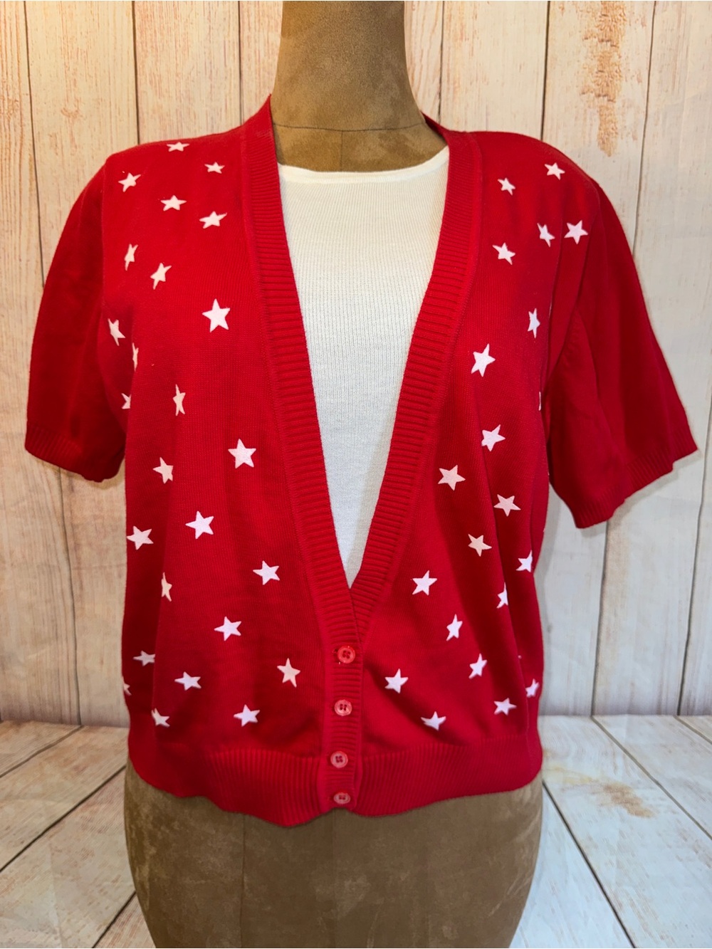 Cathy Daniels Women’s XL Short Sleeve Sweater Red White Stars- 4th Of July USA